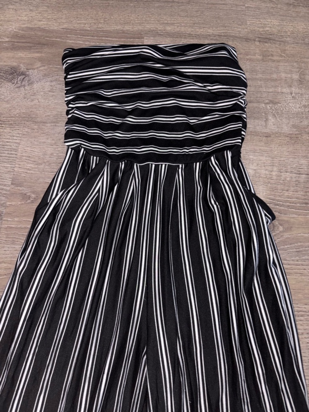 Striped Black & White Strapless Wide-Leg Jumpsuit - Picture 3 of 4